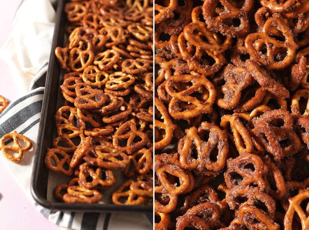 Collage showing Cinnamon Sugar Pretzels before and after baking