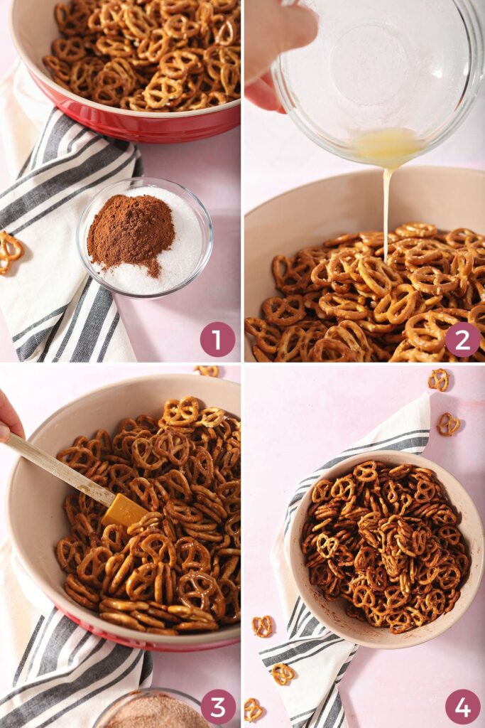 Collage showing how to make pretzels coated with cinnamon sugar