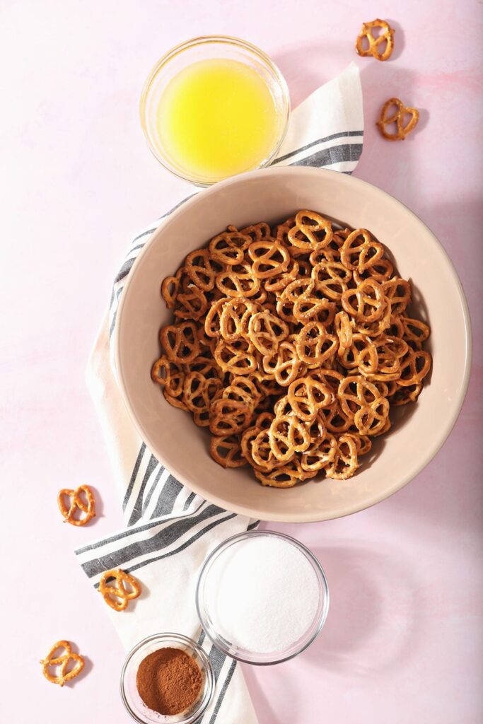 Ingredients for easy Cinnamon Sugar Pretzels in bowls