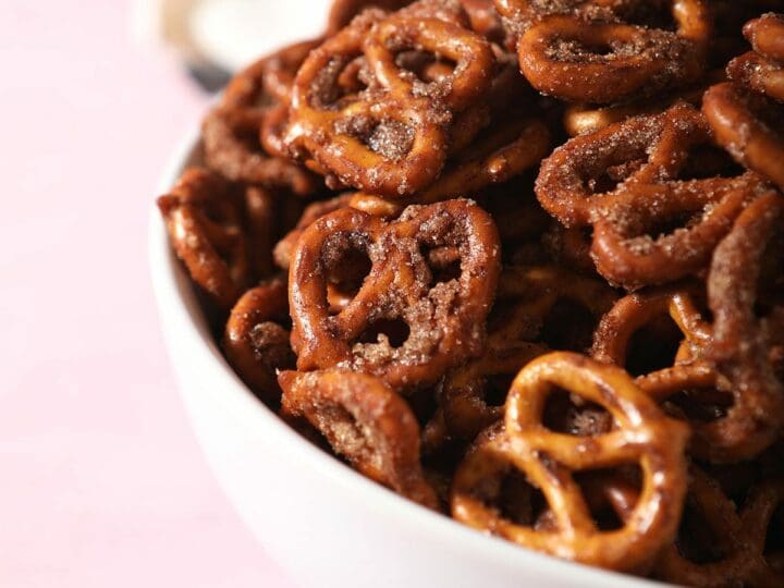 Close up of Cinnamon Sugar Pretzels in a white bowl