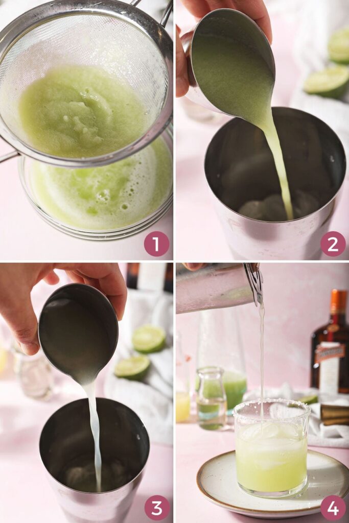 Collage showing how to mix cucumber margaritas on the rocks