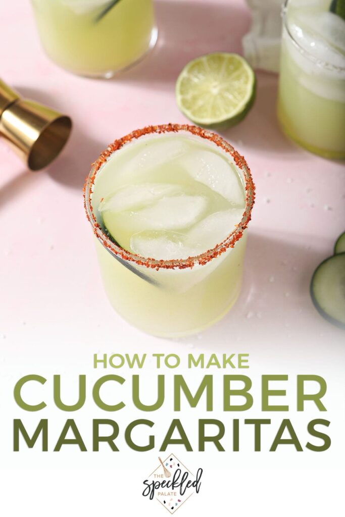 Two green margaritas on a pink countertop with the text how to make cucumber margarita