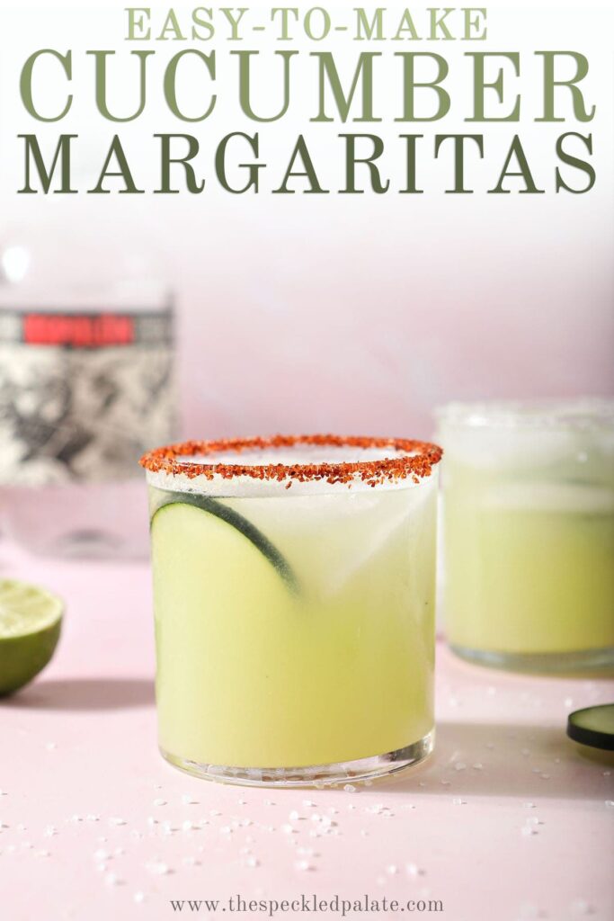 A cucumber margarita on a pink countertop with the text easy to make cucumber margarita