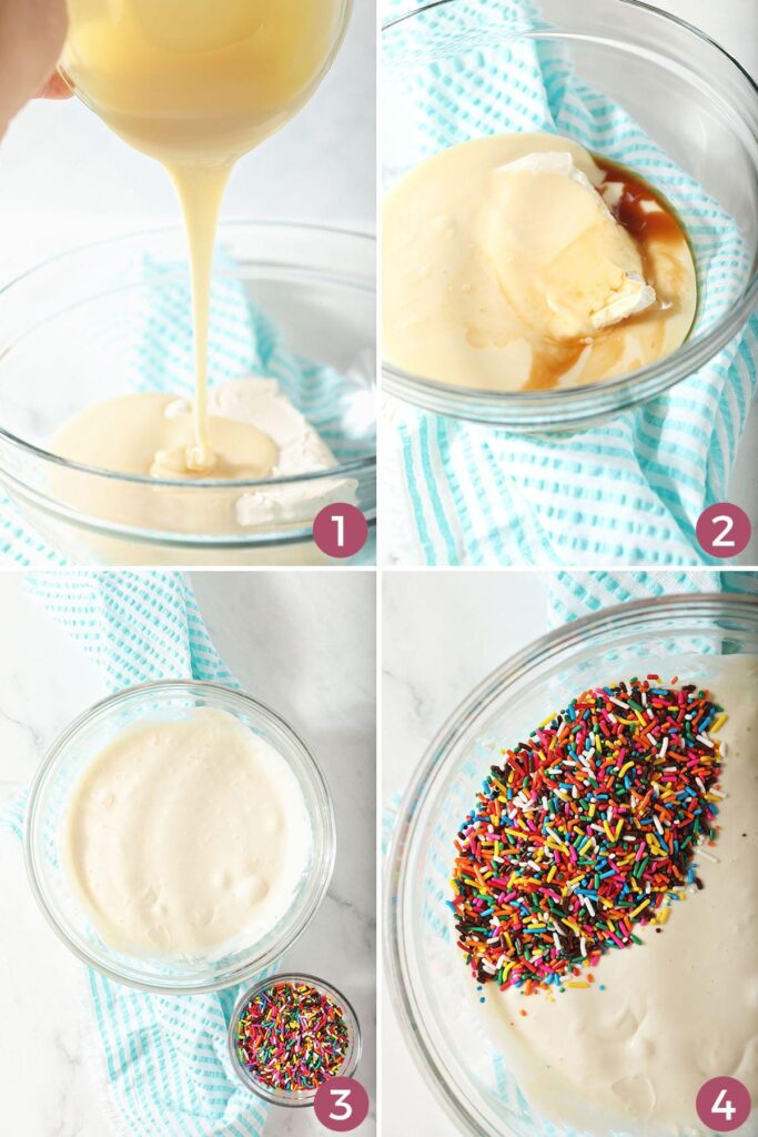 Collage showing how to make dessert dip with sprinkles