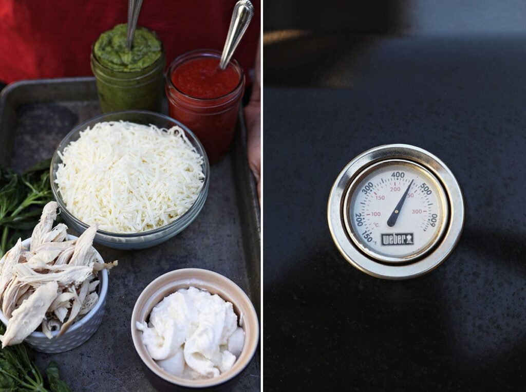 Collage of ingredients next to a grill and the temperature on the grill