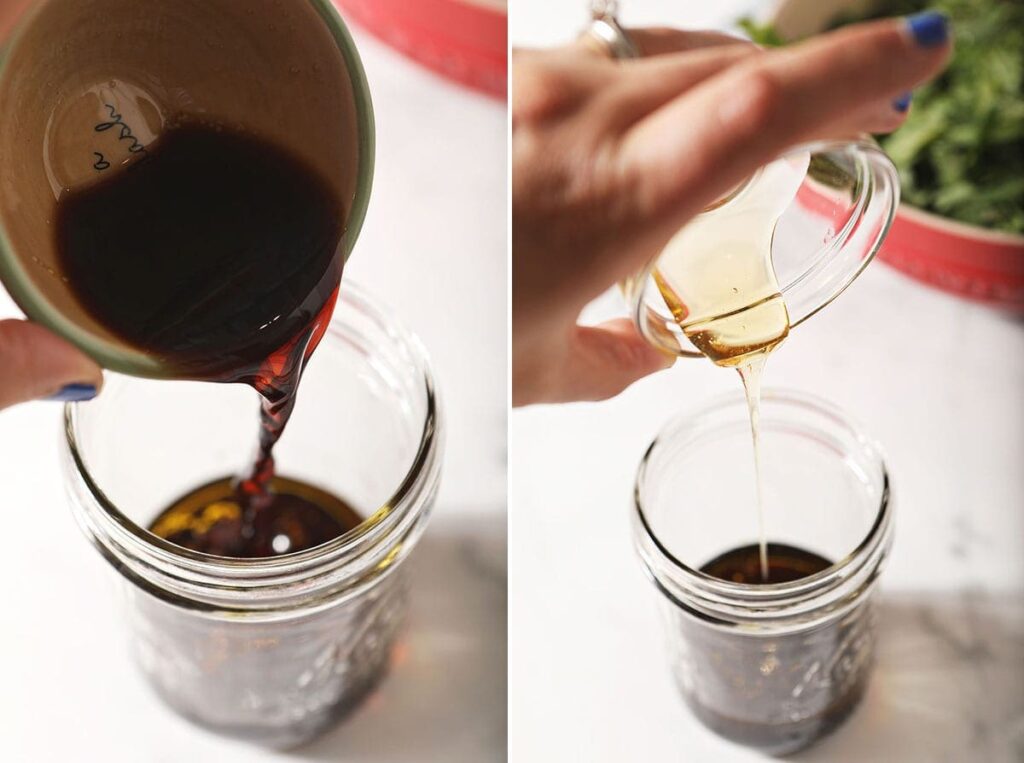 Collage showing how to make homemade balsamic vinaigrette