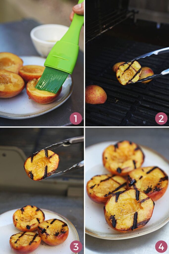 Collage showing how to grill peaches