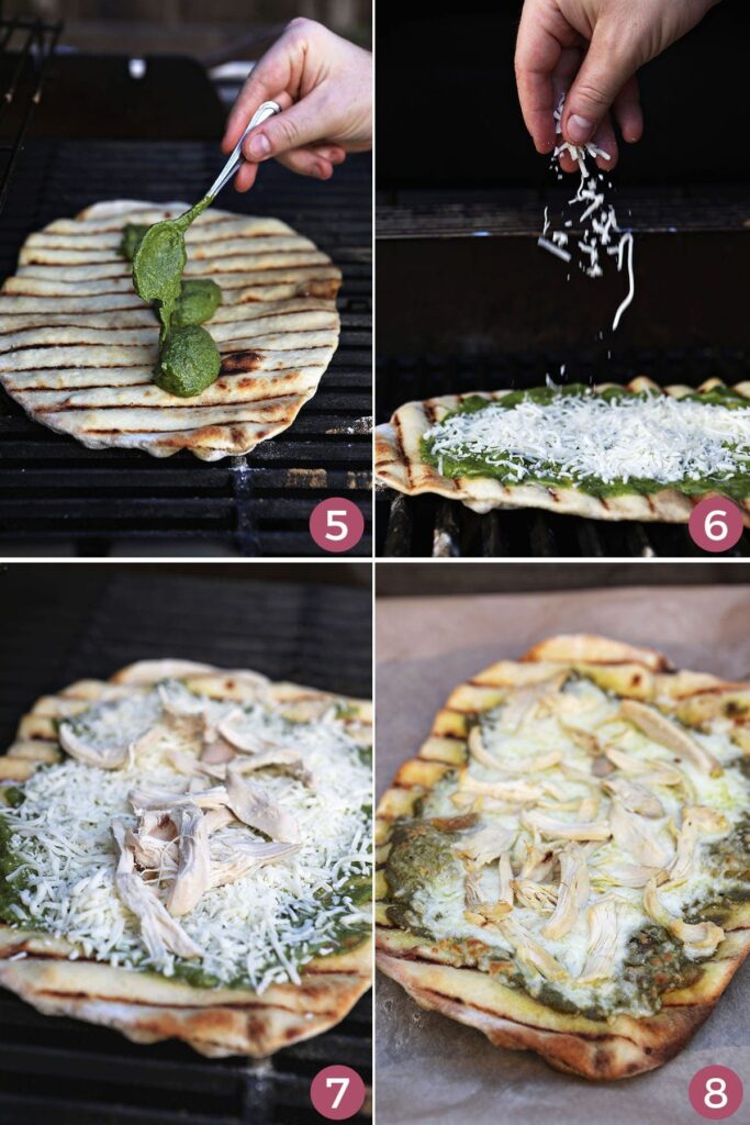 Collage showing how to put ingredients onto a pizza on the grill