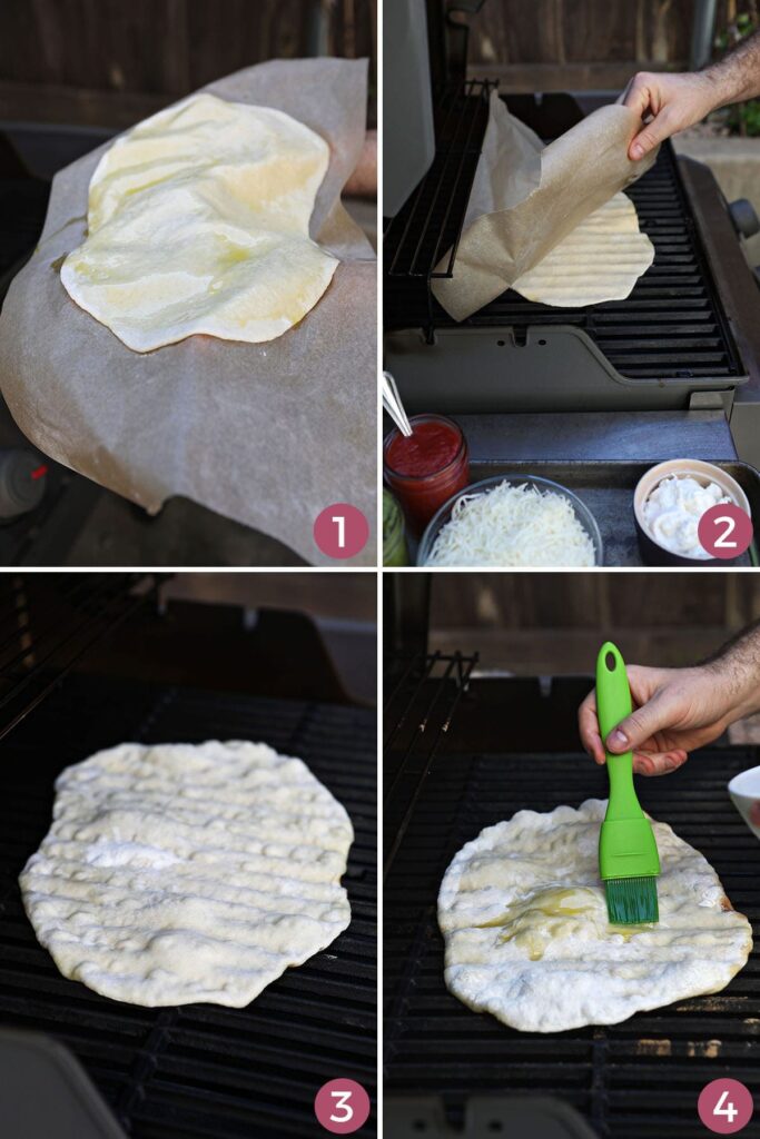 Collage showing how to grill pizza dough