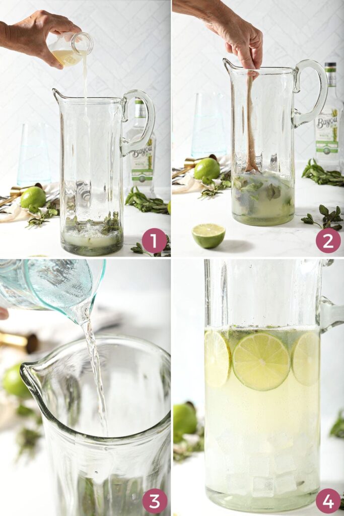 Collage of four images showing how to mix a pitcher of mojitos