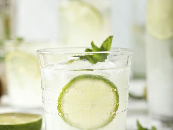 A mojito in a clear glass with lime rounds and mint