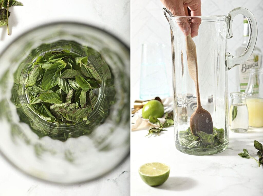 Collage showing mint in a pitcher and bruising the mint