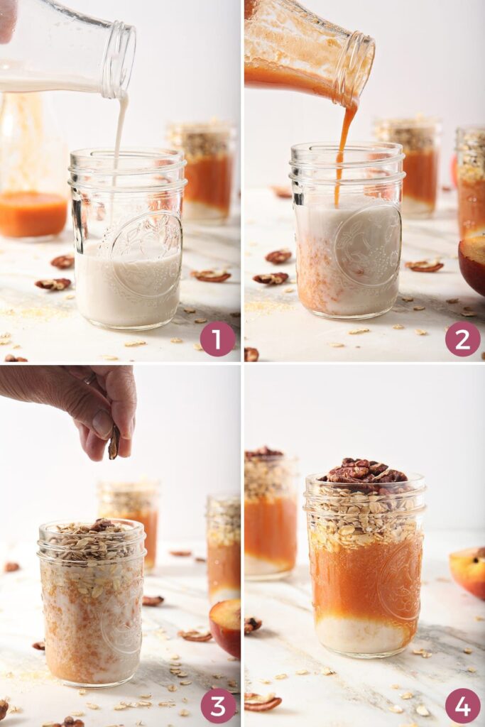 Collage of four images showing how to layer overnight oats ingredients into a jar