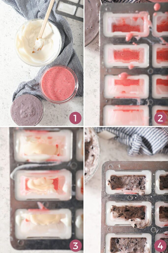 Collage showing how to layer colors into popsicle mold