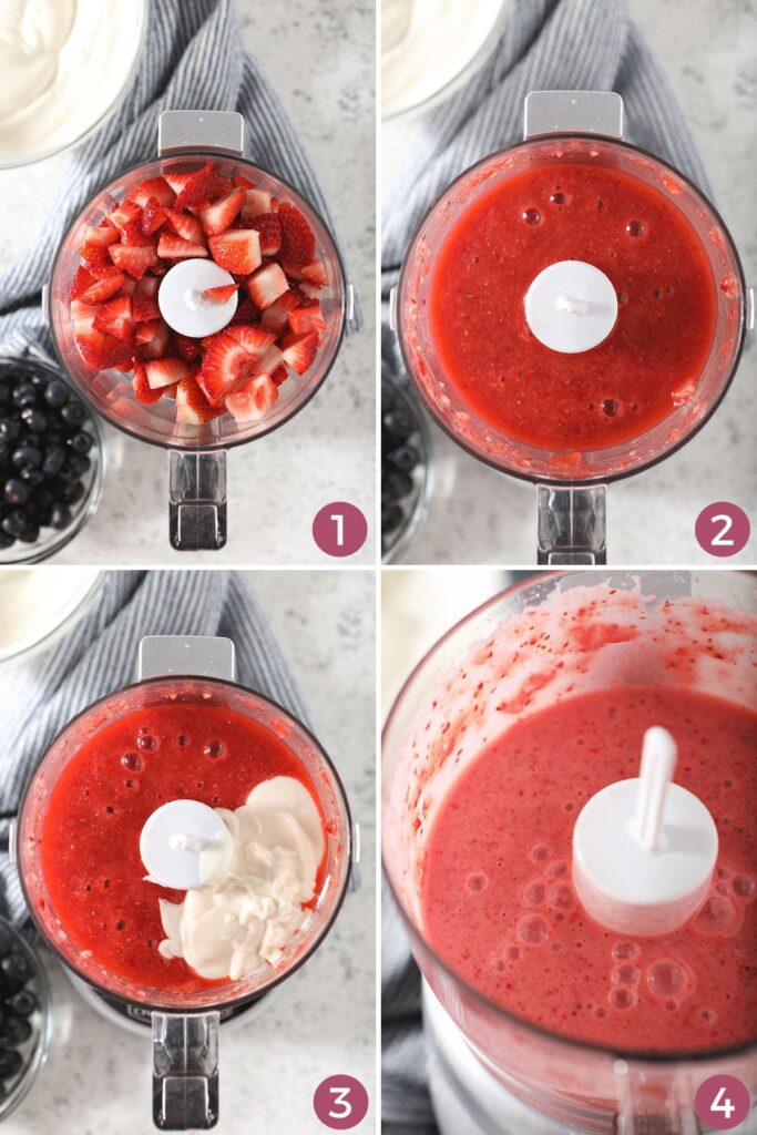 Collage showing how to make the strawberry layer