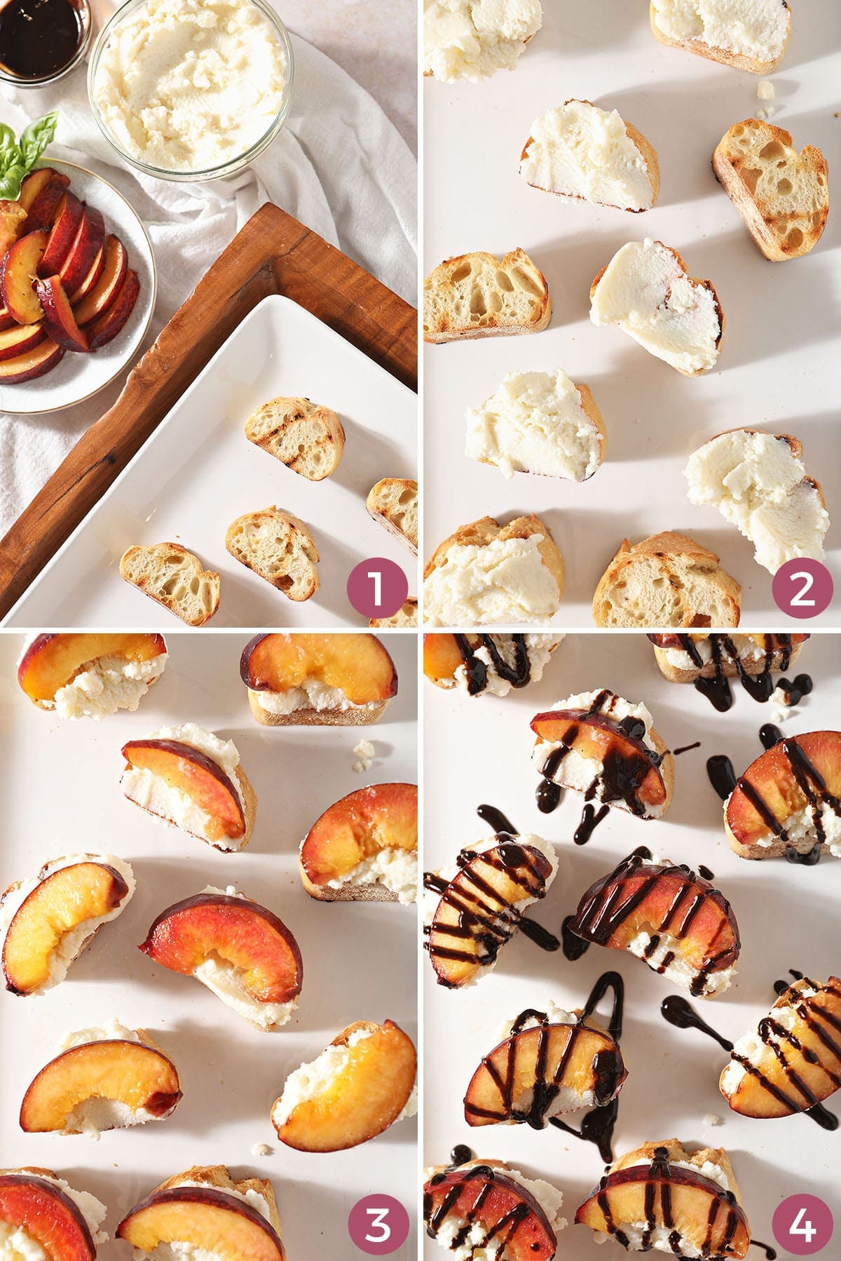 Collage of four images showing how to assemble ricotta crostini with grilled peaches