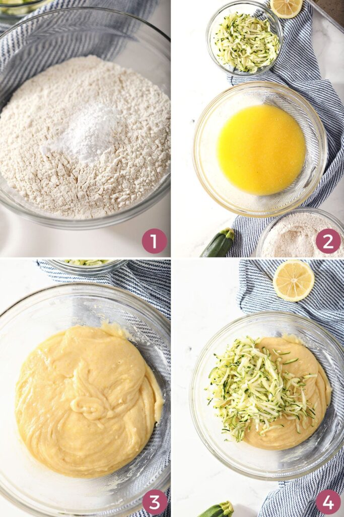 Collage showing how to mix zucchini bread batter