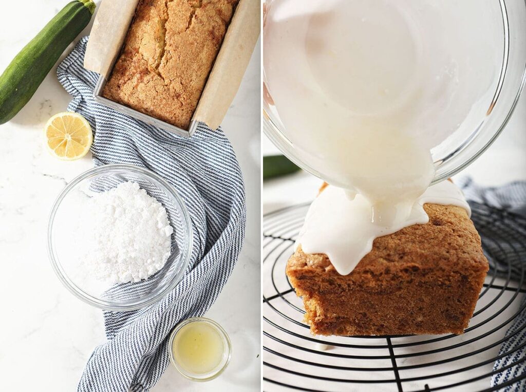 Collage showing lemon icing ingredients and a loaf being iced