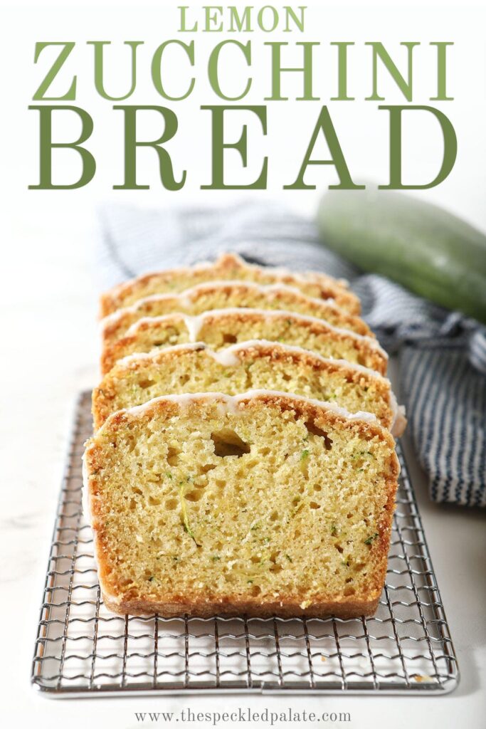 Slices of iced bread on a wire rack with the text lemon zucchini bread