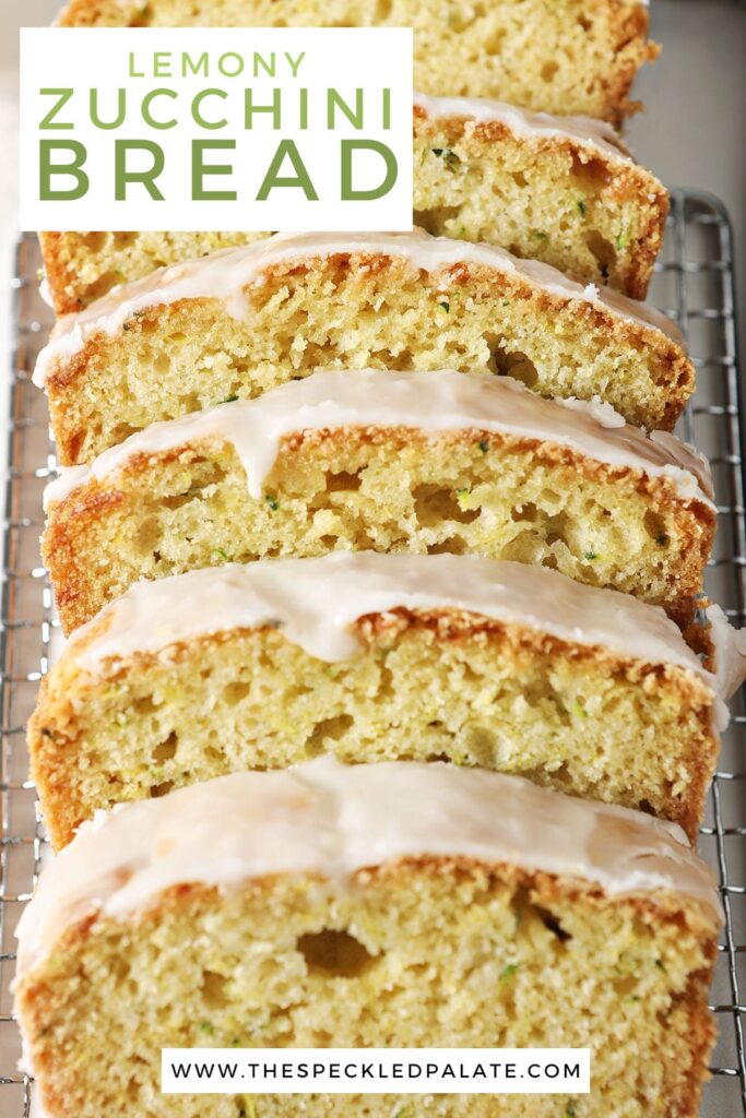 Slices of iced bread on a wire rack with the text lemony zucchini bread