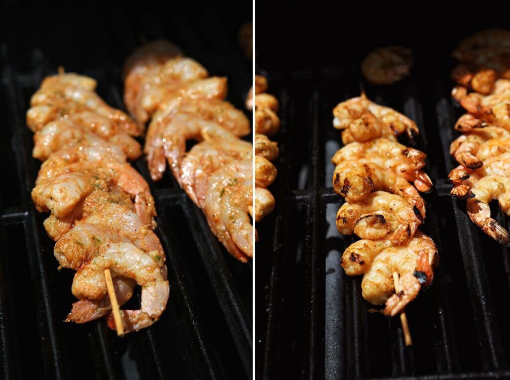 Collage showing skewered shrimp on the grill