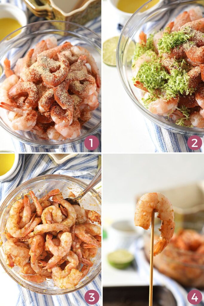 Collage showing how to season and skewer shrimp