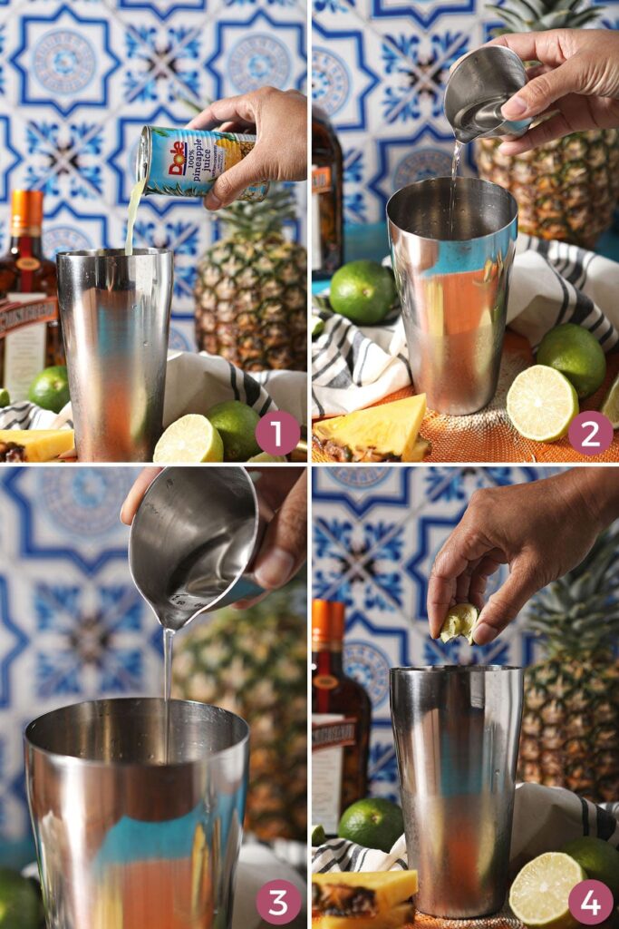 Collage of four images showing how to mix the pineapple margarita recipe