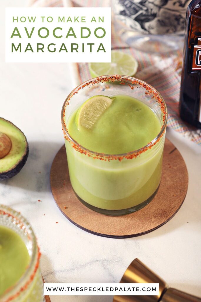 Two glasses of a green drink with the text how to make an avocado margarita