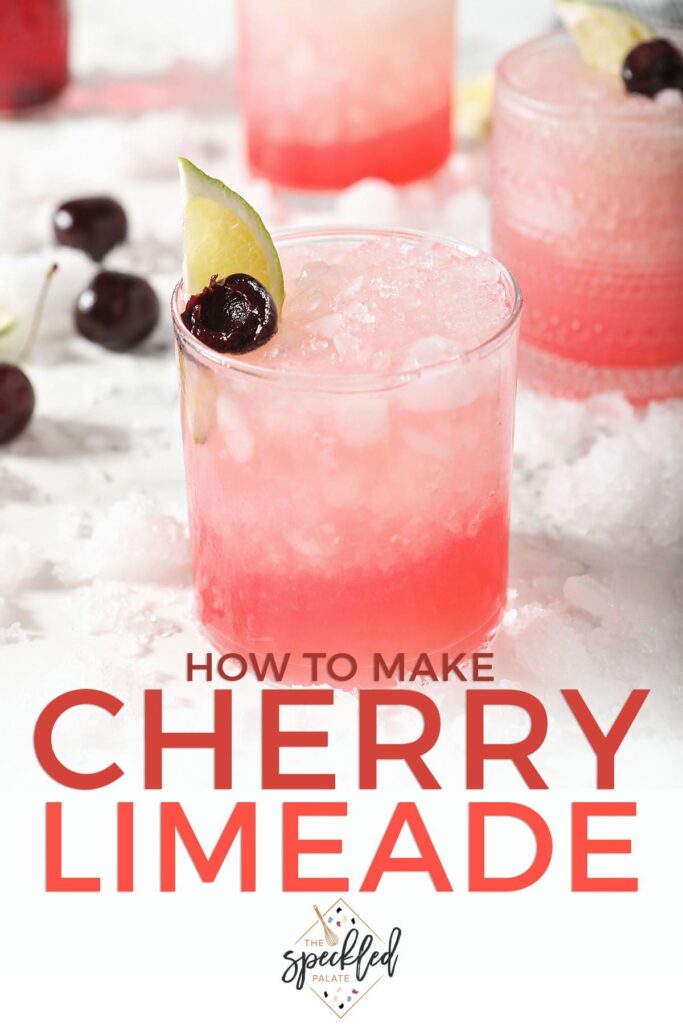 A glass of a pink mocktail with the text how to make cherry limeade