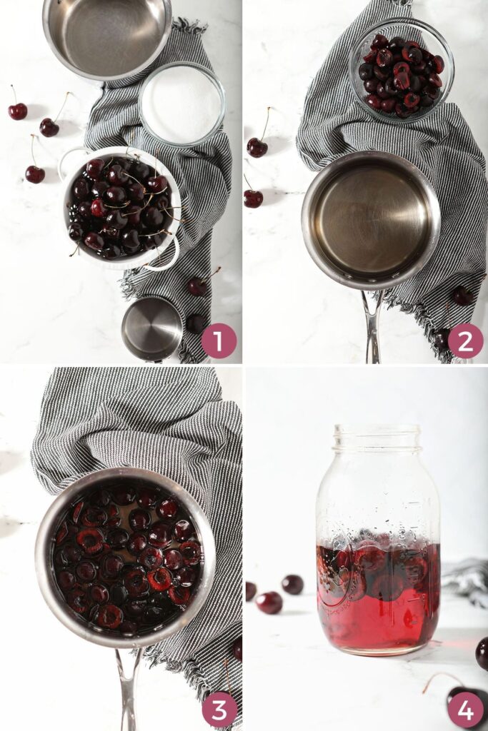 A collage showing how to make homemade cherry syrup with fresh cherries