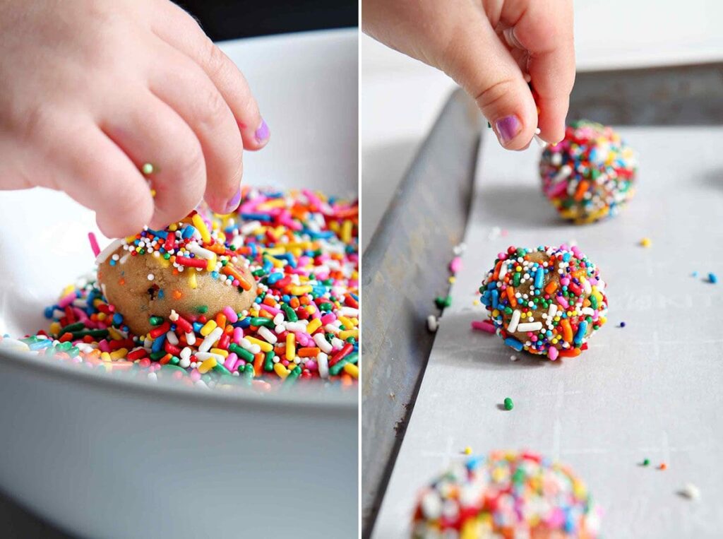 Collage showing how to coat funfetti cookies with sprinkles