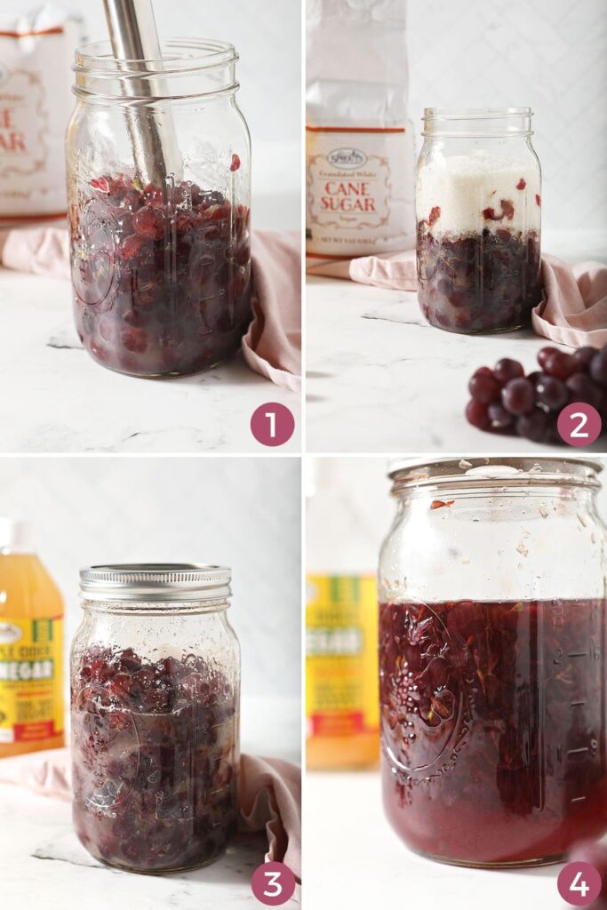 Collage showing how to make grape shrub