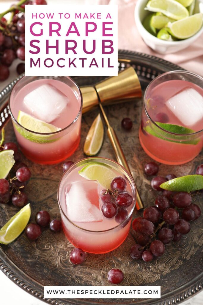 Three glasses of a pink drink on a tray with the text how to make a grape shrub mocktail