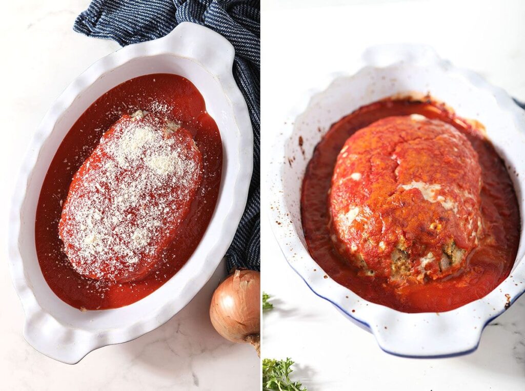 Collage showing meatloaf before and after baking