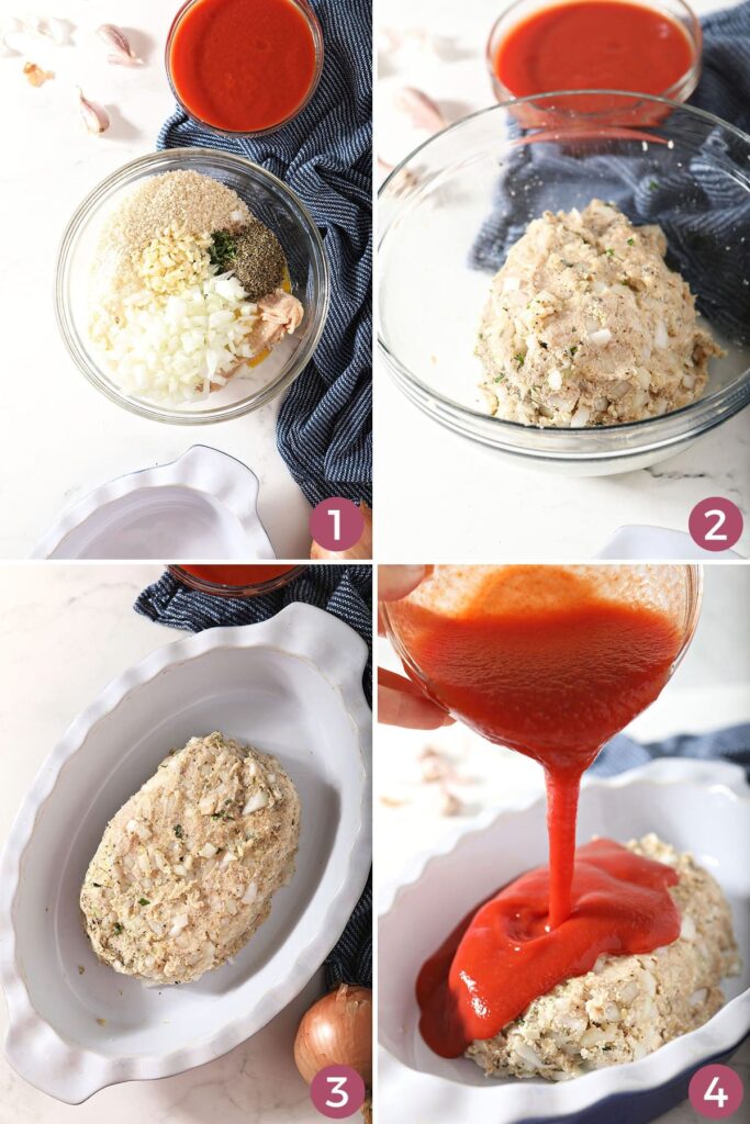 Collage showing how to make and form chicken meatloaf