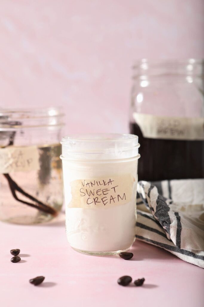 Ingredients to make cold brew with vanilla sweet cream