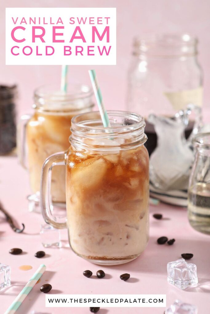 Two glasses of iced coffee with the text vanilla sweet cream cold brew