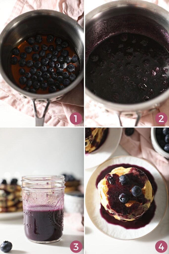 Collage showing how to make blueberry pancake syrup