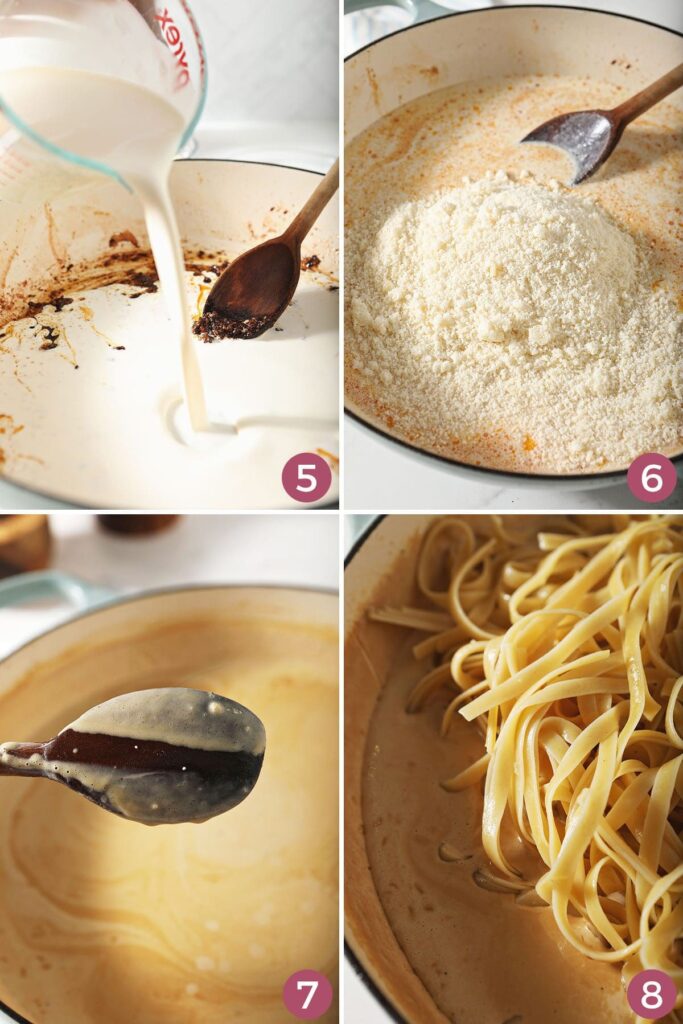 Collage showing how to make cajun chicken alfredo sauce