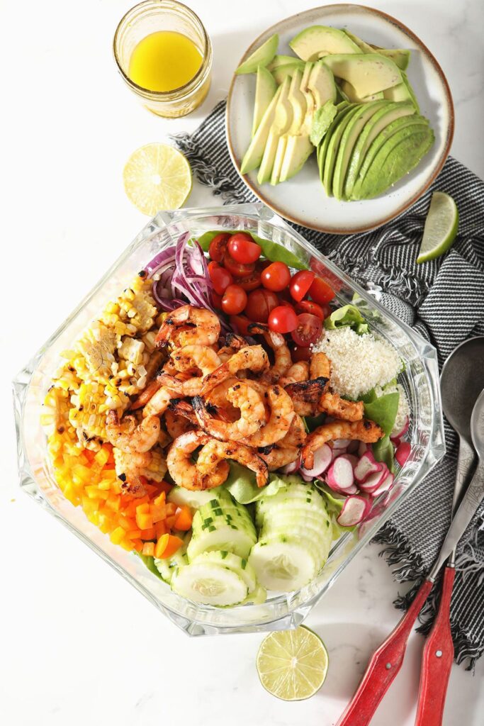 Grilled Shrimp Salad ingredients in a bowl