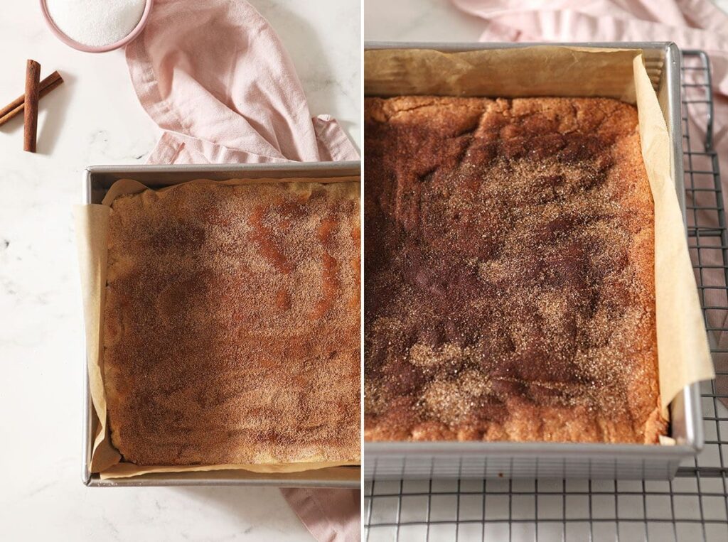 Collage showing cookie bars before and after baking