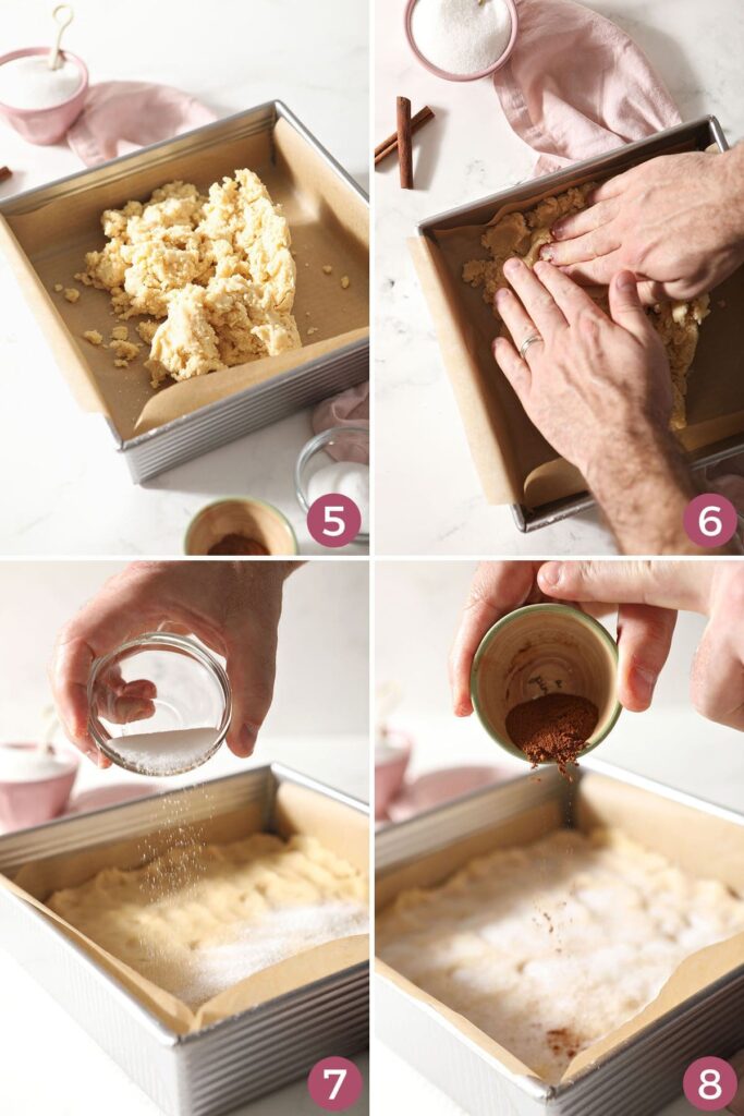 Collage showing how to shape snickerdoodle bars in a pan