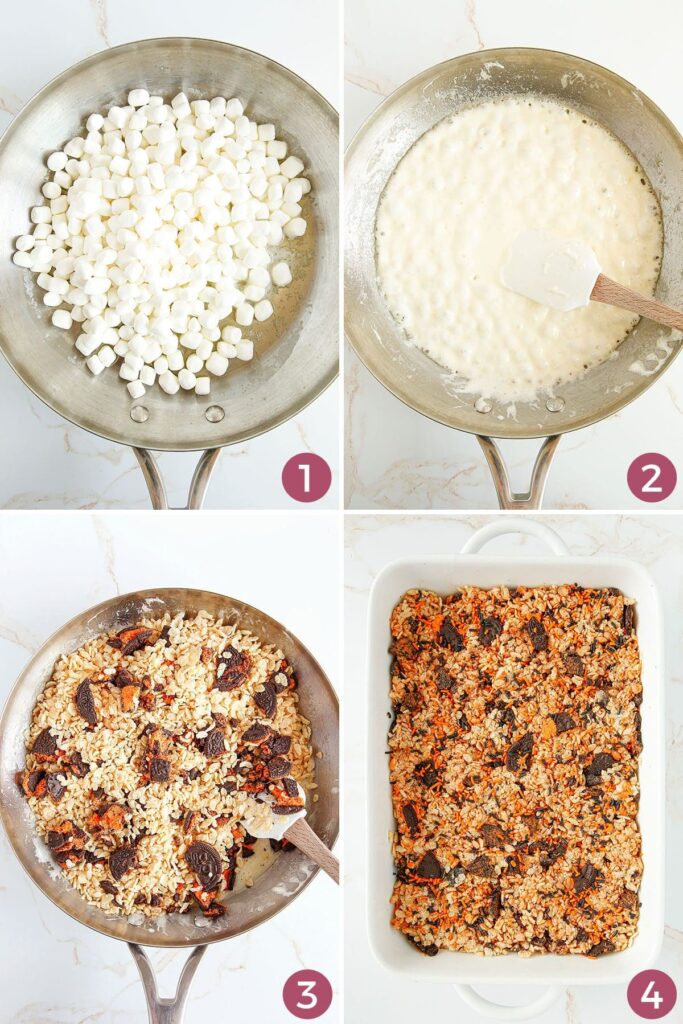 Collage showing how to make Halloween Oreo Rice Krispie Treats