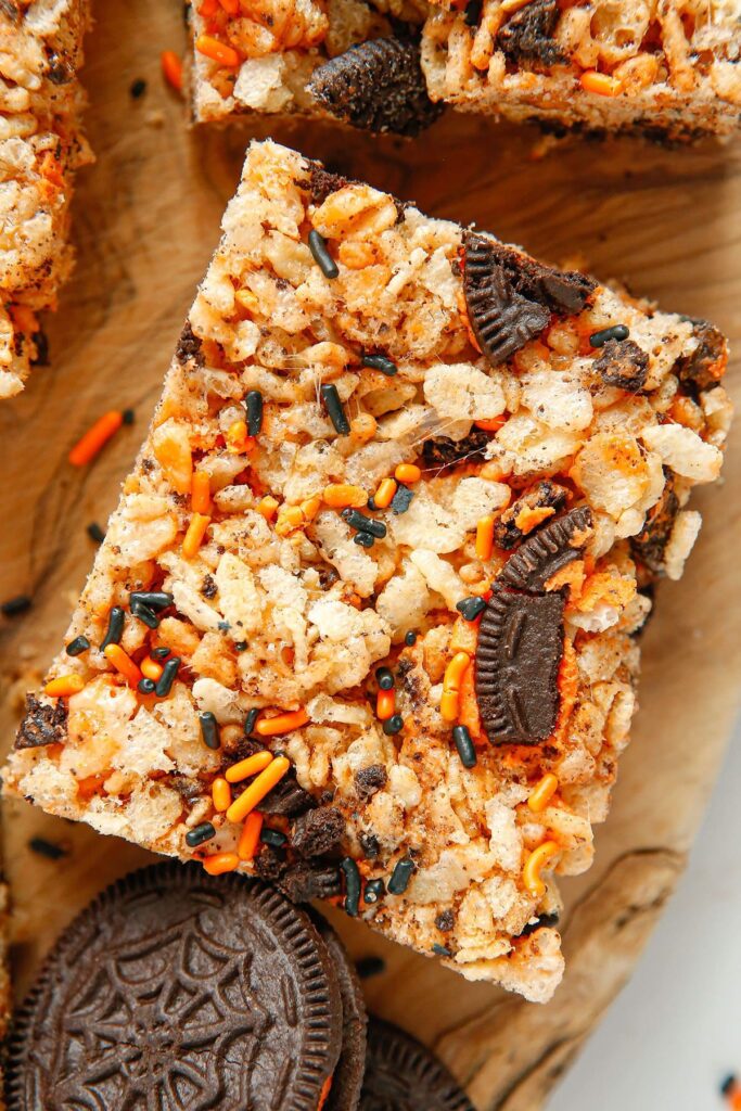 Close up of a Halloween rice krispie treat with oreos and sprinkles