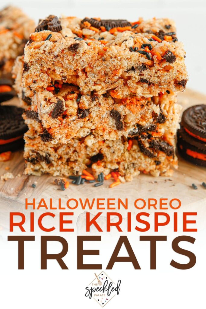 A stack of cereal bars with oreos with the text Halloween Oreo Rice Krispie Treats