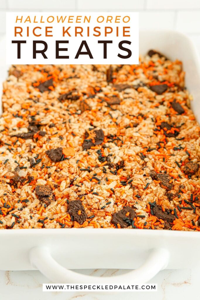 A tray of orange and black no bake bars with the text halloween oreo rice krispie treats