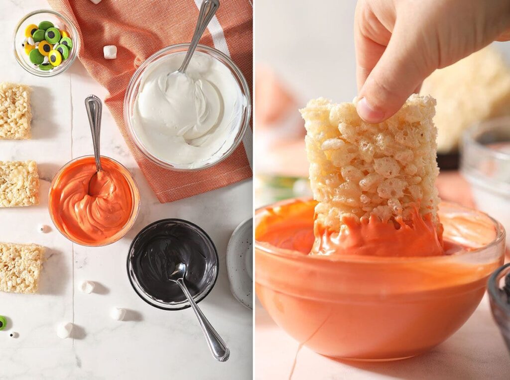 Collage showing candy melts and a krispie treat dipping into a bowl with one