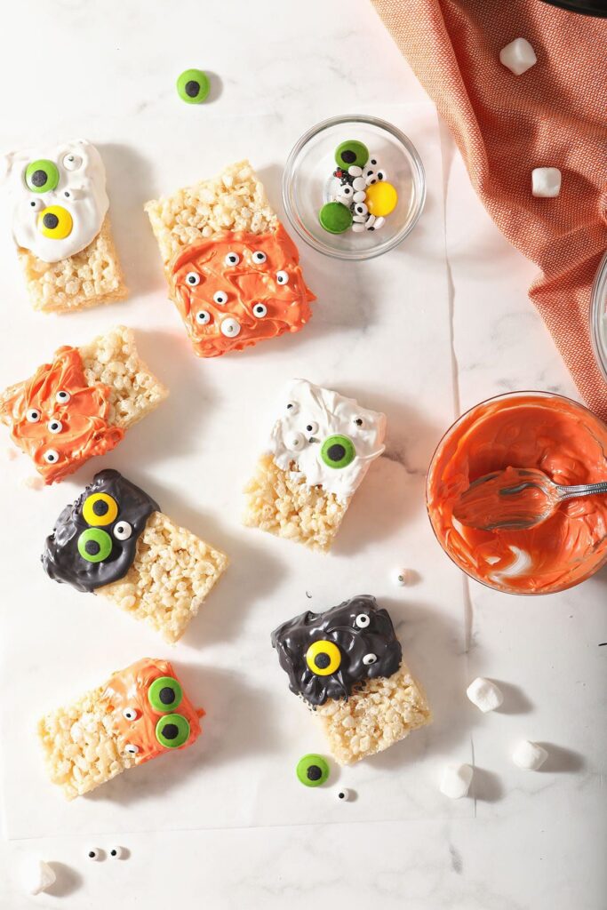 Orange, black and white monster rice krispie treats