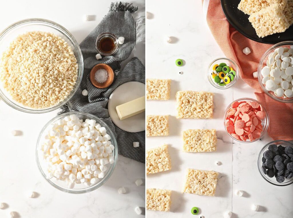 Collage showing ingredients to make Halloween Rice Krispie Treats