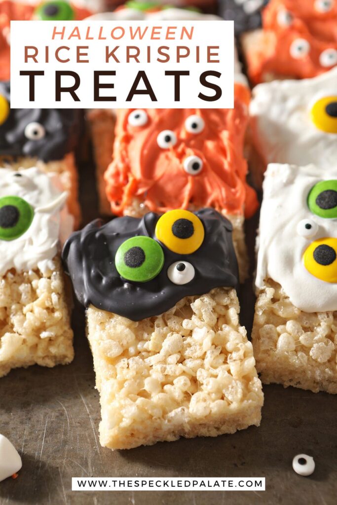 Orange, white and black rice krispie treats with eyeballs with the text Halloween Rice Krispie Treats